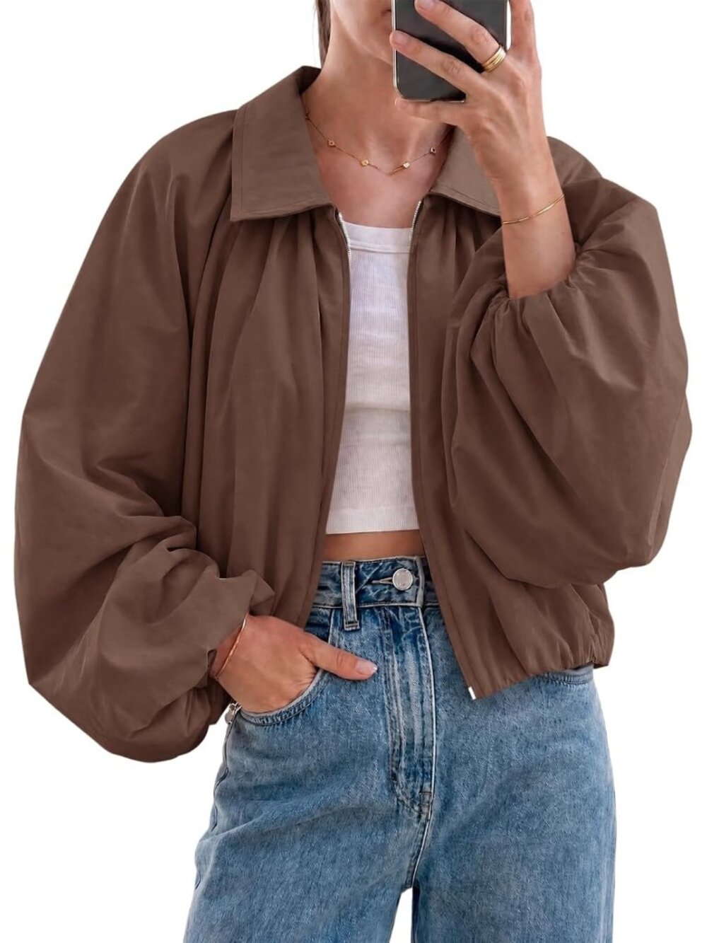 Women's Coffee Stylish Bomber Coat Fall Casual Zip Up Outerwear Cropped Jackets